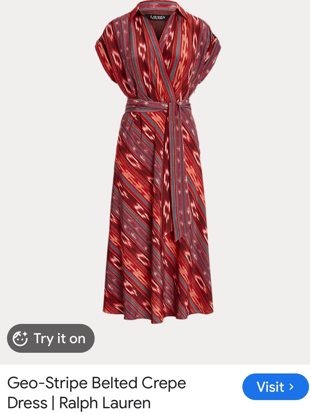 Ralph Lauren geo stripe crepe Ikat-Print Wrap Midi Dress 8 - Picture 2 of 5